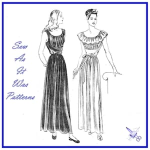 May include: A vintage sewing pattern illustration featuring two women wearing long, sleeveless dresses. The text "Sew As It Was Patterns" is printed on the left side of the image.