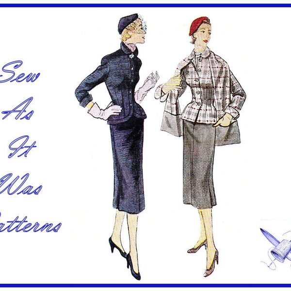 1950s Simplicity 8422 Two Piece Suit Fitted Jacket Slim Skirt Stole Wrap Vintage Sewing Pattern Size 12 Bust 30 Pan Collar Front Buttoned