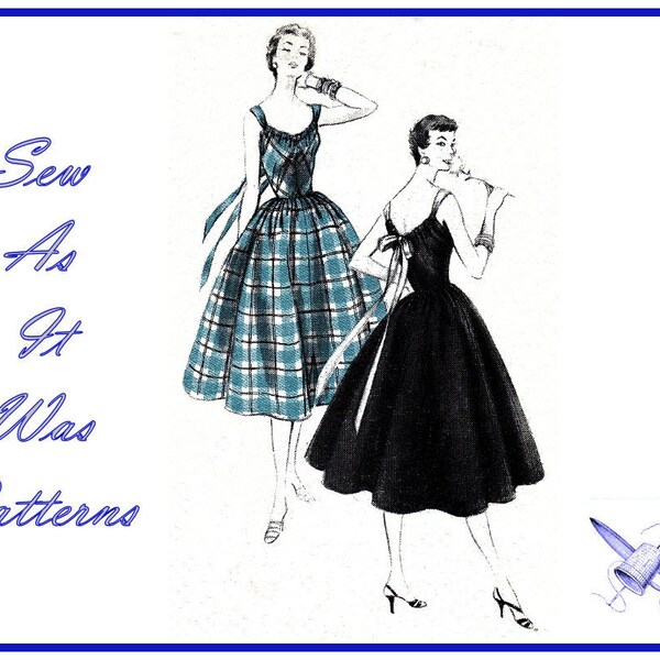 FF Unused 1950s Vogue 8476 Flared Skirt Dress Sleeveless Back Ribbon Bow Gathered Hostess Apron Vintage Sewing Pattern Size 14 Bust 32" 83cm
