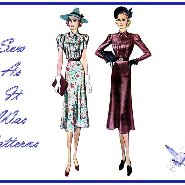 Rare 1930s McCall 9846 McCalls Blouson Dress Gathered Bodice Yoke Long Short Sleeves Collar Vintage Sewing Pattern Size 12 Bust 30" 76cm