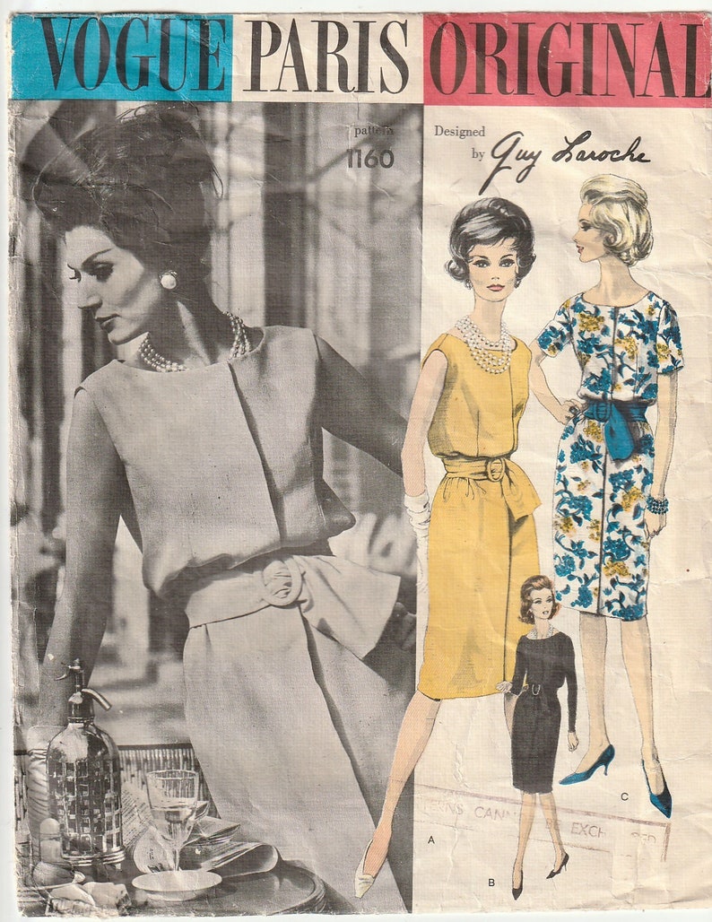 1960s Vogue Paris Original 1160 Guy Laroche Blouson Scoop Neckline Lap Front Dress Crushed Belt Vintage Sewing Pattern Size 16 Bust 36 92cm