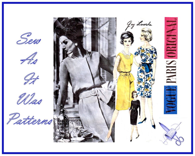 1960s Vogue Paris Original 1160 Guy Laroche Blouson Scoop Neckline Lap Front Dress Crushed Belt Vintage Sewing Pattern Size 16 Bust 36 92cm