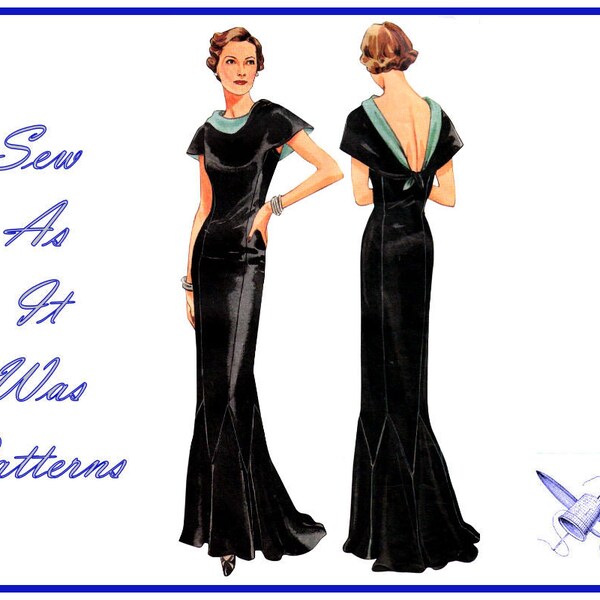 FF 2000s Retro 1930s Vintage Vogue 2609 Godet Evening Gown Dress Caplet Sleeves Low Back Dress Sewing Pattern Size 18 20 22 Bust 40 42 44"