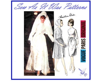 FF 1960s Vogue 1346 Paris Original Christian Dior Bridal Bell Skirt Evening Dress High Neck Lace Overdress Veil Vintage Sewing Pattern Sz 14