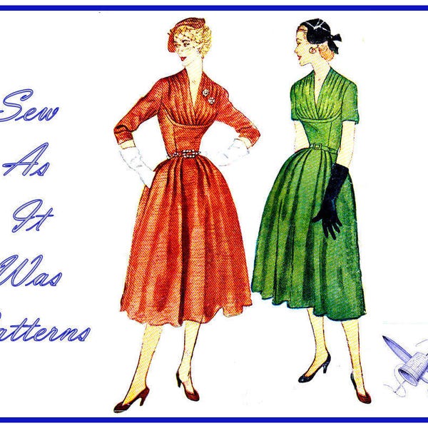 1950s Simplicity 4008 Pleated Front Bodice Flared Skirt Dresses Long Short Sleeves Fitted Bodice Vintage Sewing Pattern Size 14 Bust 32" 83