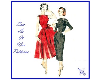 FF Butterick 8357 Kleid Etui U-Boot Ausschnitt Ausgestellter Tellerrock Kummerbund unbenutzt 1950er Jahre Vintage Schnittmuster Größe 16 Oberweite 36&quot; 92cm