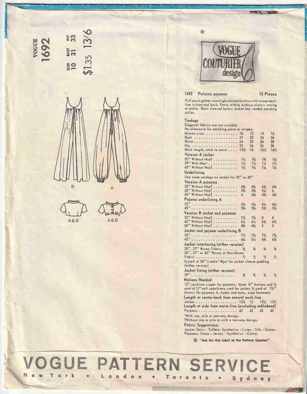Pucci Sewing Pattern FF Vogue 1692 1960s Couturier Design Pucci Sleeveless Empire Waist ...