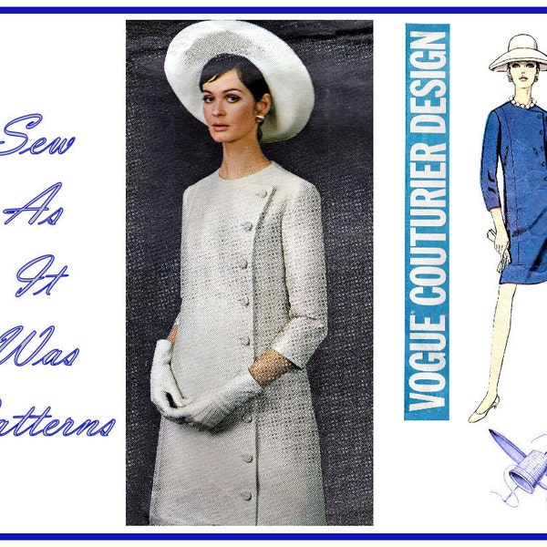 FF 1960s Uncut Vogue Couturier Design 1821 Jo Mattli Asymmetrical Side Buttoned Mini Dress Collarless Vintage Sewing Pattern Size 14 Bust 34