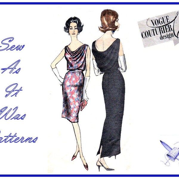 Vogue Couturier Design 1145 Simonetta 1950s Sheath Dress Drape Cowl Evening Cocktail Vintage Sewing Pattern Size 10 Bust 31 79cm