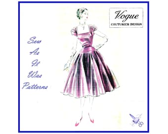Vogue 662 Couturier Design Dress Formal Full Skirt Square Neckline Waist Yoke Drape Sleeve 1950s Rare Vintage Sewing Pattern Size 16 Bust 34