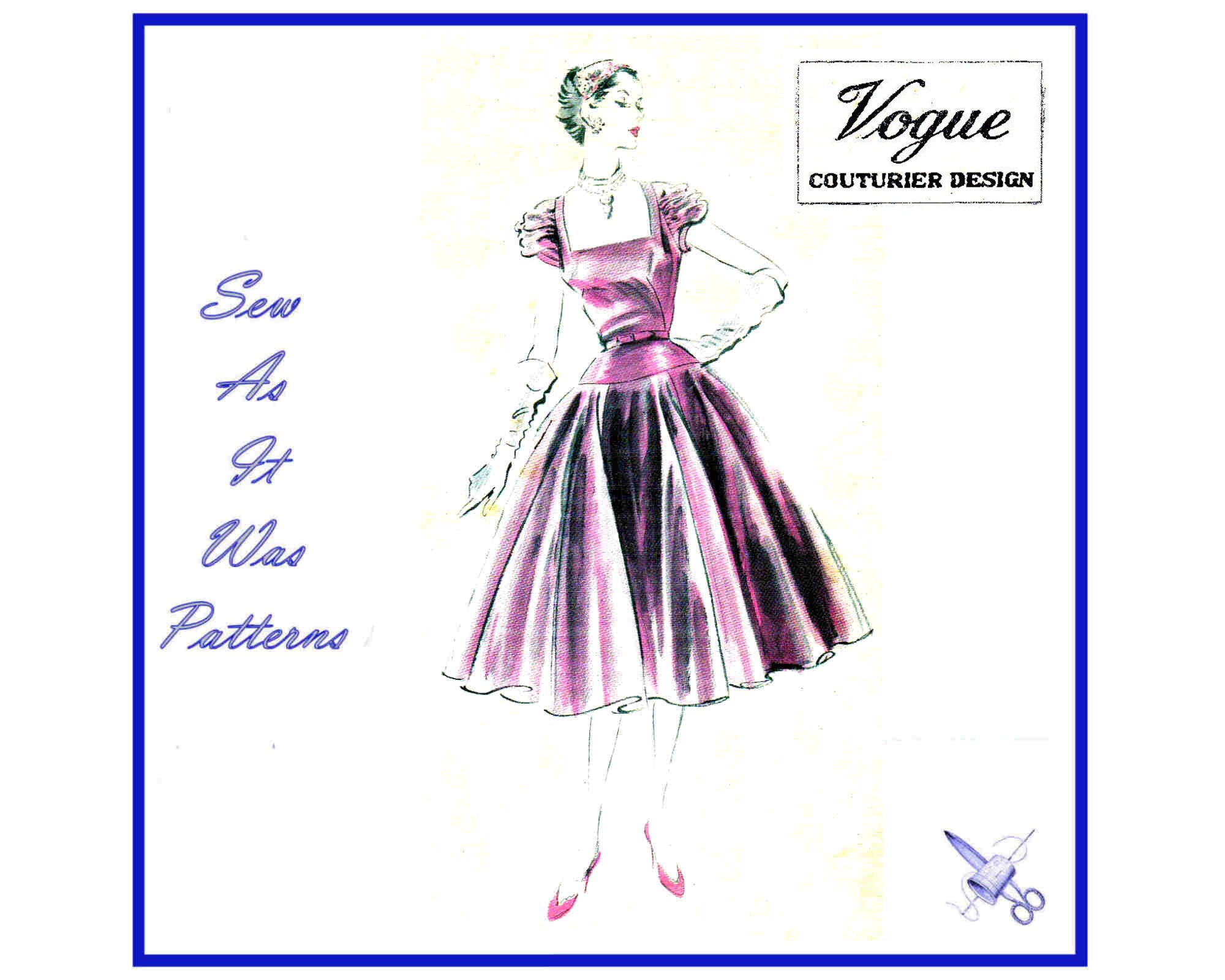 Vogue 662 Couturier Design Kleid Formeller breiter Rock Quadratischer Ausschnitt Taille Passe Drape Ärmel 1950er Jahre Rare Vintage Schnittmuster Größe 16 Büste 34