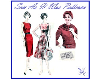 FF Vogue Couturier Design 196 Kleid Bateau Ausschnitt Jacke Kunstpelz Kragen Mantel 1950er Jahre unbenutzt Vintage Schnittmuster Größe 12 Büste 32 +Label