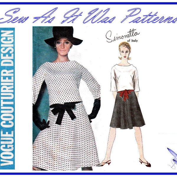 FF des années 1960 Vogue Couturier Design 1488 Simonetta Italie jupe évasée Hip empiècement Bateau Encolule Top Vintage patron taille 12 buste 32 83cm