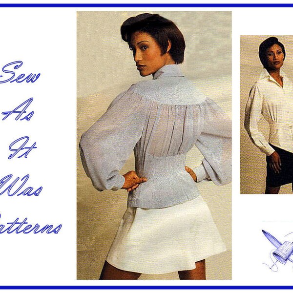 FF Uncut 1990s Vogue Attitudes 1620 Byron Lars Blouse Peplum Shirt Collar Puff Sleeves Vintage Sewing Pattern Size 8 10 12 Bust 31 32 34