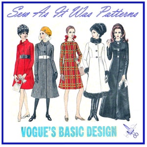 May include: Vintage sewing pattern for five different coat styles. The pattern is titled "Sew As It Was Patterns" and "Vogue's Basic Design". The coats are shown in red, black and white stripes, red and black plaid, white with fur trim, and black.