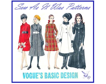 FF 1960s Vogue 1983 Basic Design Mini Midi Maxi Long Sleeve A-Line Coat Faux Fur Trim Collar Jewel Neckline Vintage Sewing Pattern Size 12