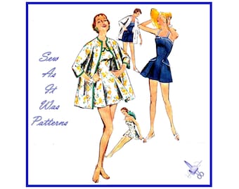 Simplicity 1607 Bathing Swimsuit Flared Skirt Straps Collarless Kimono Robe Coat 1950s Original Vintage Sewing Pattern Size 18 Bust 38" 97cm
