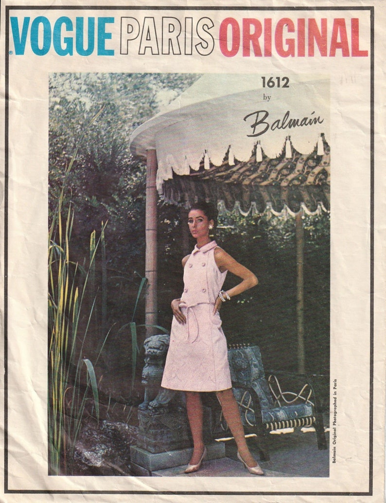 1960s Vogue Paris Original 1612 Pierre Balmain One-Piece Dress Cut Away Armholes Sleeveless Dress Vintage Sewing Pattern Size 14 Bust 34