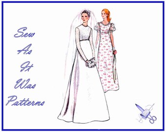 Vogue 2539 1970s High Waist A-Line Evening Bridal Dress Gown Vintage Sewing Pattern Bridal Design Size 10 Bust 32
