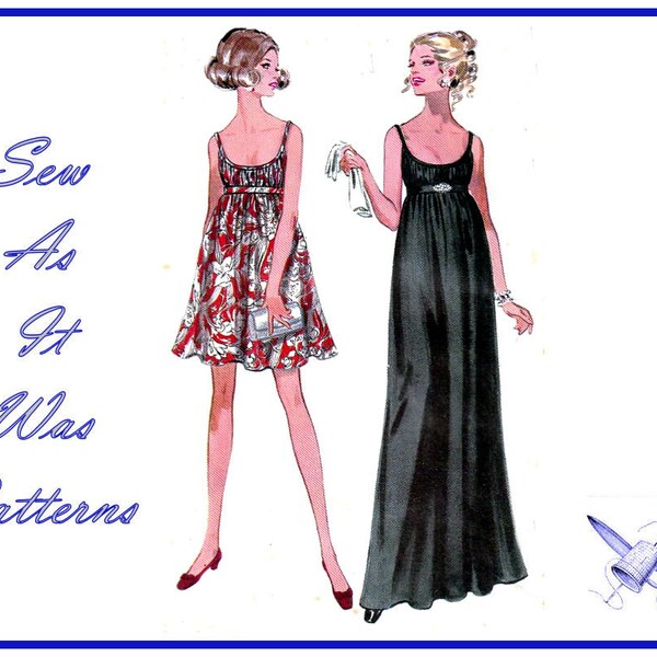 1960s Butterick 5429 Evening Dress Elasticized High Empire Waist Maxi Mini Baby Doll Vintage Sewing Pattern Size 12 Bust 34" 87cm