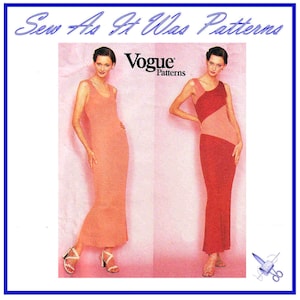 May include: Vogue Patterns sewing pattern featuring two long, form-fitting dresses. One dress is solid peach, the other is colour-blocked in peach and red. The pattern cover has the text "Sew As It Was Patterns" and the Vogue Patterns logo.