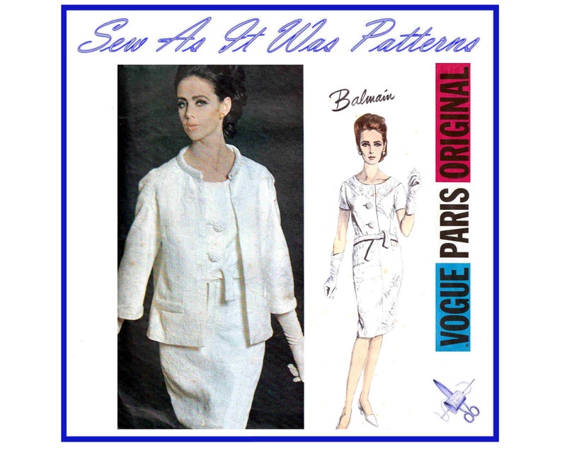 FF Vogue Paris Original 1396 Balmain Blouse Skirt Clutch Jacket Suit Scoop Neck 1960s Unused Vintage Sewing Pattern Size 18 Bust 38 83cm image 1