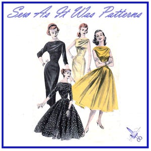 1950s Butterick 8038 Bateau Gathers Drape Neckline Sheath Flared Dress Long Sleeve Sleeveless Vintage Sewing Pattern Size 14 Bust 34&quot; 87cm