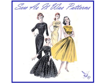 1950s Butterick 8038 Bateau Gathers Drape Neckline Sheath Flared Dress Long Sleeve Sleeveless Vintage Sewing Pattern Size 14 Bust 34" 87cm