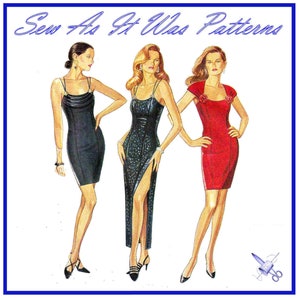 May include: Three women's dress patterns, each with a different style. The first dress is a black, sleeveless, fitted dress with a scoop neckline. The second dress is a long, black, sleeveless dress with a scoop neckline and a slit up the side. The third dress is a red, sleeveless, fitted dress with a scoop neckline and a small flower detail on the bodice. The text "Sew As It Was Patterns" is at the top of the image.