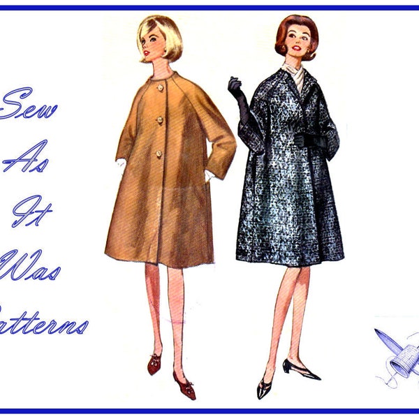 1960s Simplicity 6183 Raglan Sleeve A-Line Collarless Coat Front Buttoned Seam Pockets Vintage Sewing Pattern Size 12 Bust 32" 83cm