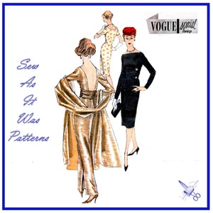 Pode incluir: Ilustração de padrões de costura vintage Vogue Special Design. A imagem apresenta três mulheres em vestidos elegantes. Uma usa um vestido dourado com um xale, outra um vestido preto e a terceira um vestido floral. O texto "Sew As It Was Patterns" é visível.
