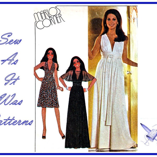 1970s McCall's 4796 Marlo's Corner Plunge Neckline Sleeveless Gown Dress Sheer Cape Capelet Vintage Sewing Pattern Size 14 Bust 36" 92cm