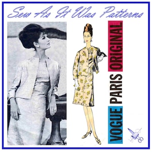 Puede incluir: Patrón de costura vintage Vogue Paris Original para un vestido y una chaqueta. El patrón presenta a una mujer con un vestido blanco y una chaqueta con estampado floral. El patrón está etiquetado como "Vogue Paris Original".