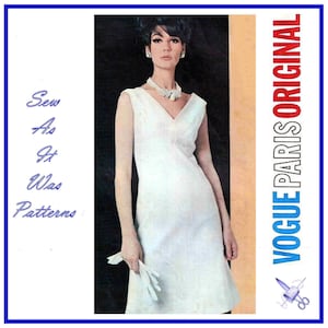 May include: A vintage Vogue Paris Original sewing pattern featuring a white sleeveless dress with a V-neckline. The model is wearing a pearl necklace and white gloves. The text "Sew As It Was Patterns" is in the lower left corner of the image.