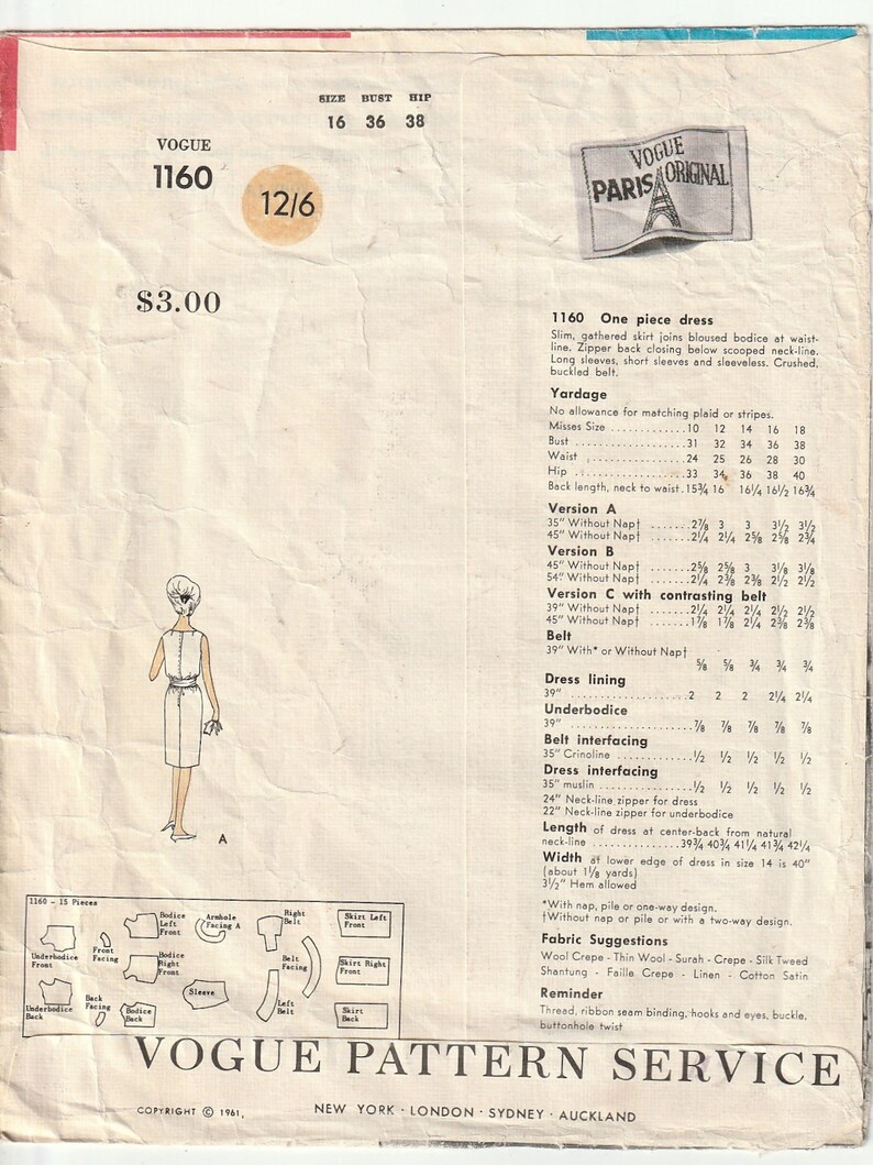 1960s Vogue Paris Original 1160 Guy Laroche Blouson Scoop Neckline Lap Front Dress Crushed Belt Vintage Sewing Pattern Size 16 Bust 36 92cm