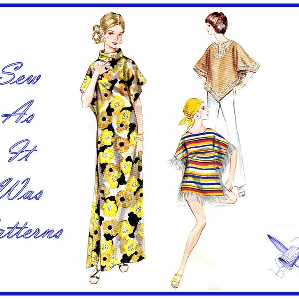 1960s Butterick 5709 Copricostume tutto sbieco Roll collare Muu Muu Maxi caftano Robe Abito Poncho fazzoletto Vintage Sewing Pattern dimensione uno