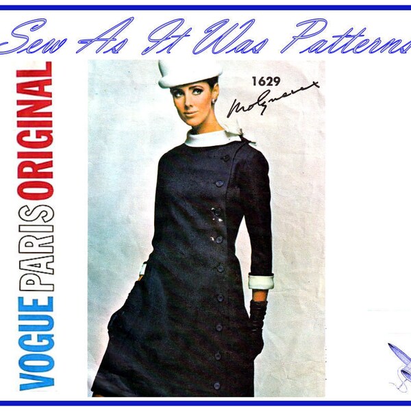 1960s Vogue Paris Original 1629 Molyneux Princess Seam Coat Dress Asymmetrical Buttons Box Cuffs Vintage Sewing Pattern Size 14 Bust 34"