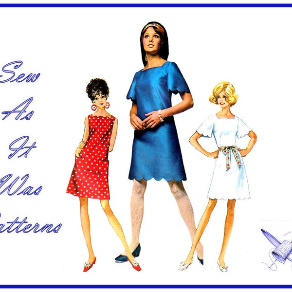 1960s Simplicity 8012 Scallop Trim A-Line Shift Summer Dress Square Neckline Butterfly Sleeves Vintage Sewing Pattern Size 12 Bust 34" 87cm