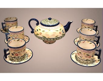 Ensemble théière avec support chauffe-plat 6 tasses et soucoupes Temptations par Tara Old World Green