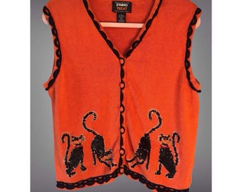 vintage des années 90 Studio Treats pailleté thème Halloween gilet noir effrayant chat grand