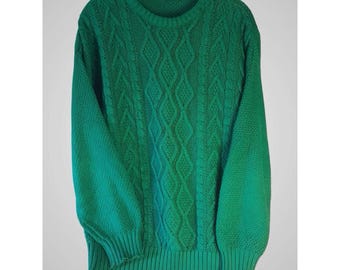 Pull vintage Wynbrooke ras du cou en tricot torsadé des années 90 vert irlandais St patty pour homme L