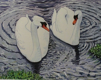 Two Swans Giclee' watercolor Print in White Mat