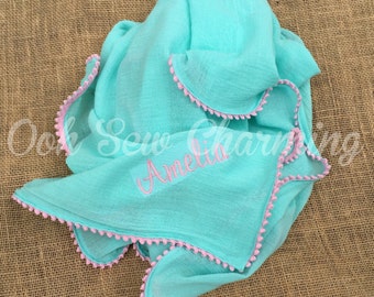 Personalized Gauze Muslin Swaddle Recieving Blanket/Pom Pom Trim