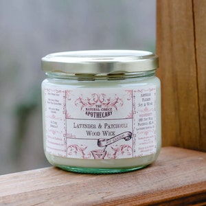 Lavender & Patchouli Scented Soy Candle, Essential Oil Candle, Double Wood Wick Candle,  11.5 oz Jar Candle, The Natural Choice Apothecary
