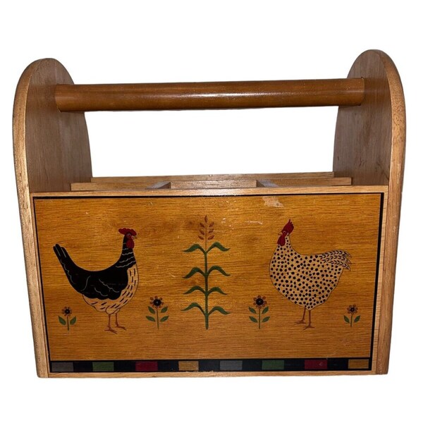 Vtg Wooden Farmhouse Chic Cottage Core Chickens Kitchen Utensil Caddy Holder