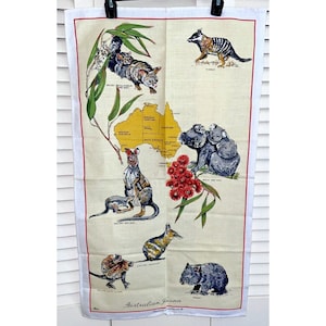 Vtg Linen Jamais utilisé Australie Carte Flore Faune Koala Wallaby Torchon 20 x 34