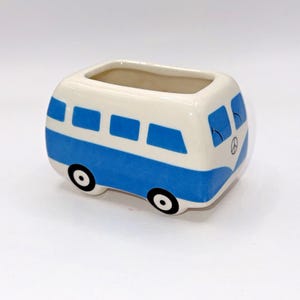 Vtg Blue White Volkswagen VW Bus Mini Tiny Hippie Van Planter Peace Kitsch