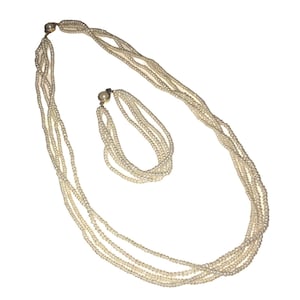 Vintage 4 Strand Creamy White Faux Pearl Statement 24&quot; Necklace Bracelet Set EUC
