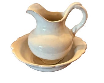 Jarra y cuenco de cerámica Frankoma 40A 40B Blanco Marfil EE. UU. Estilo rústico campestre