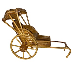 Vtg Rattan Bamboo Doll Size Asian BOHO Wicker Movable Wheels Rickshaw Planter